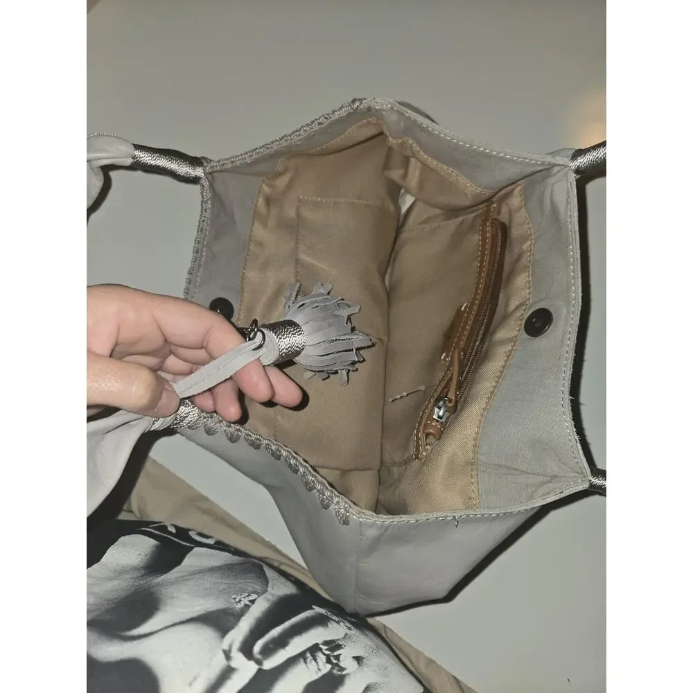 The Sak Gray Leather Tote Shoulder Bag Handbag Tassel Pockets Magnetic Closure